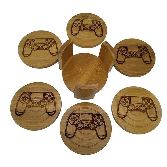 6 Video Game Controller Laser Engraved Bamboo Coasters With Holder - Gamer Cave - Picture 2 of 5